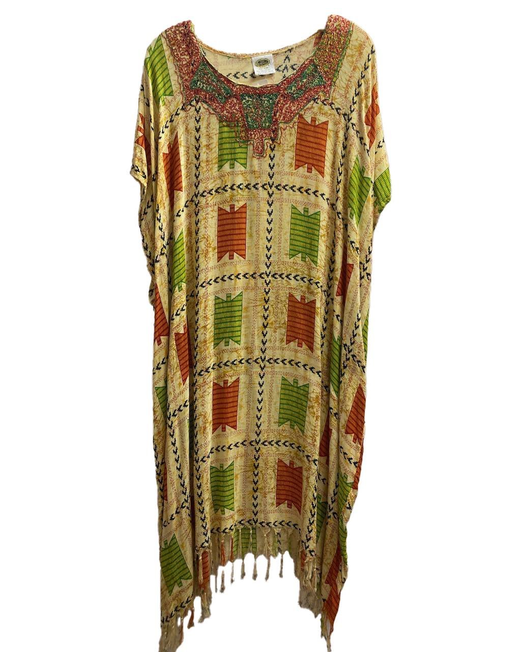 This striking caftan is made by Simply Heritage Collection in India. 100% rayon, with with green and red beaded stitching and knotted fringe at the bottom. It's plus size/one size only $18 and only at GinaWare! We are open today 12-4pm and by appoint