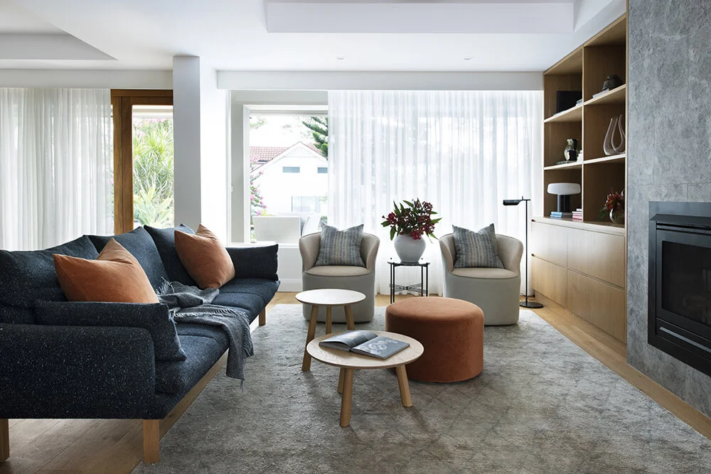 Mosman house interior, custom upholstery, blue sofa, blue and orange,custom cabinetry and styling