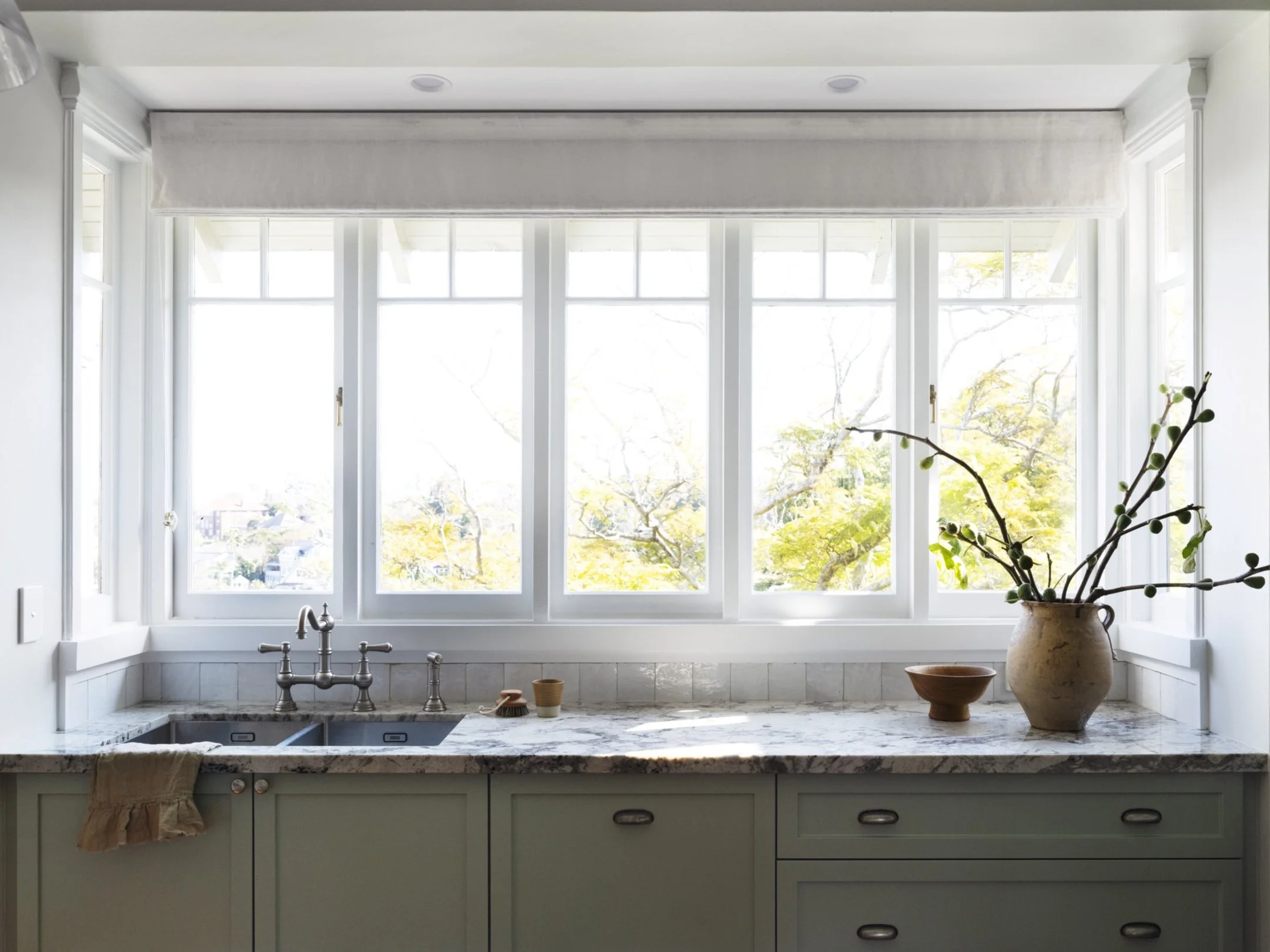 Mosman Kitchen, green kitchen, natural stone, classic tapware