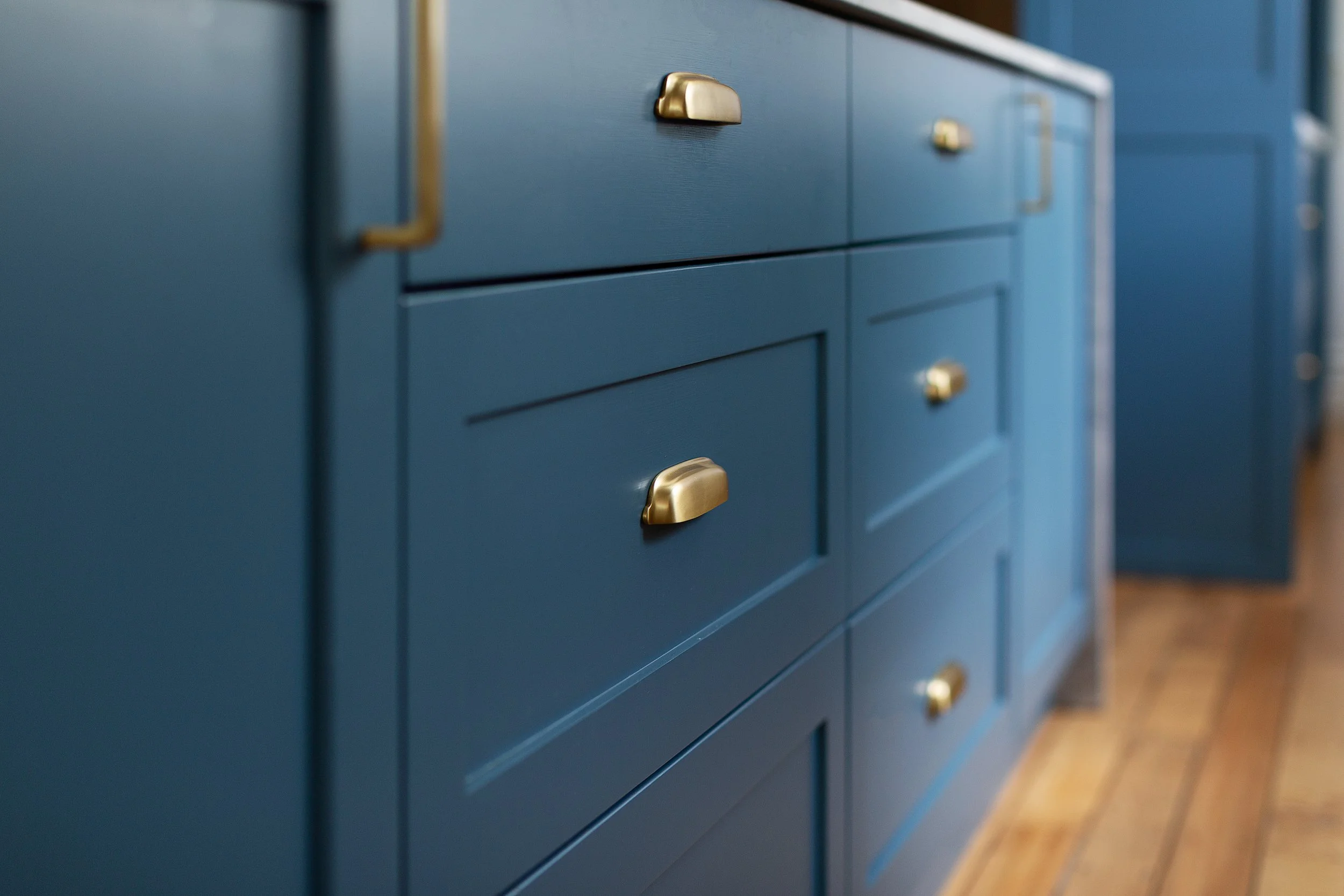 Blue kitchen drawers, custom cabinetry, custom colour cabinetry