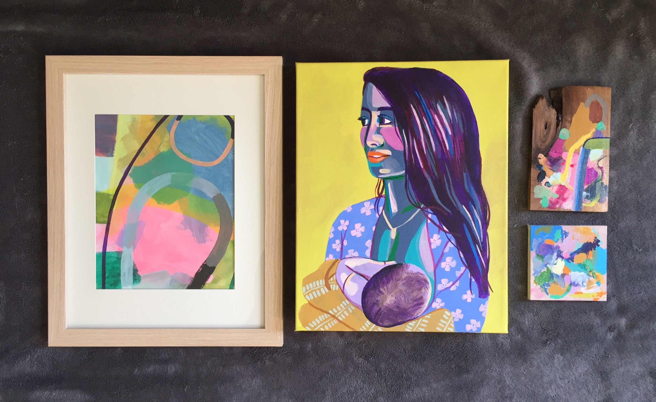 Oooh, I like the framed piece, but the pink in it is maybe too loud.