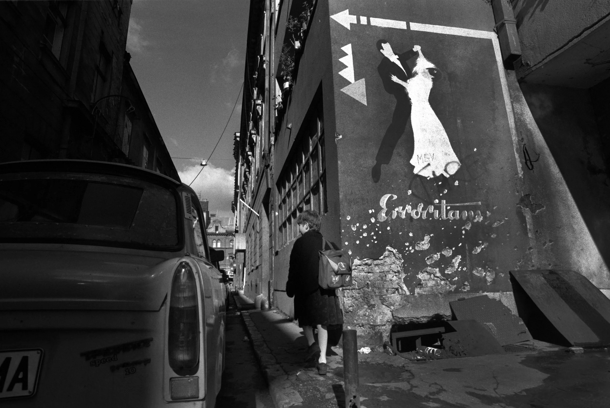 A semblance of normality; away from Serb sniper fire a child makes her way to school during the war. Sarajevo 1995