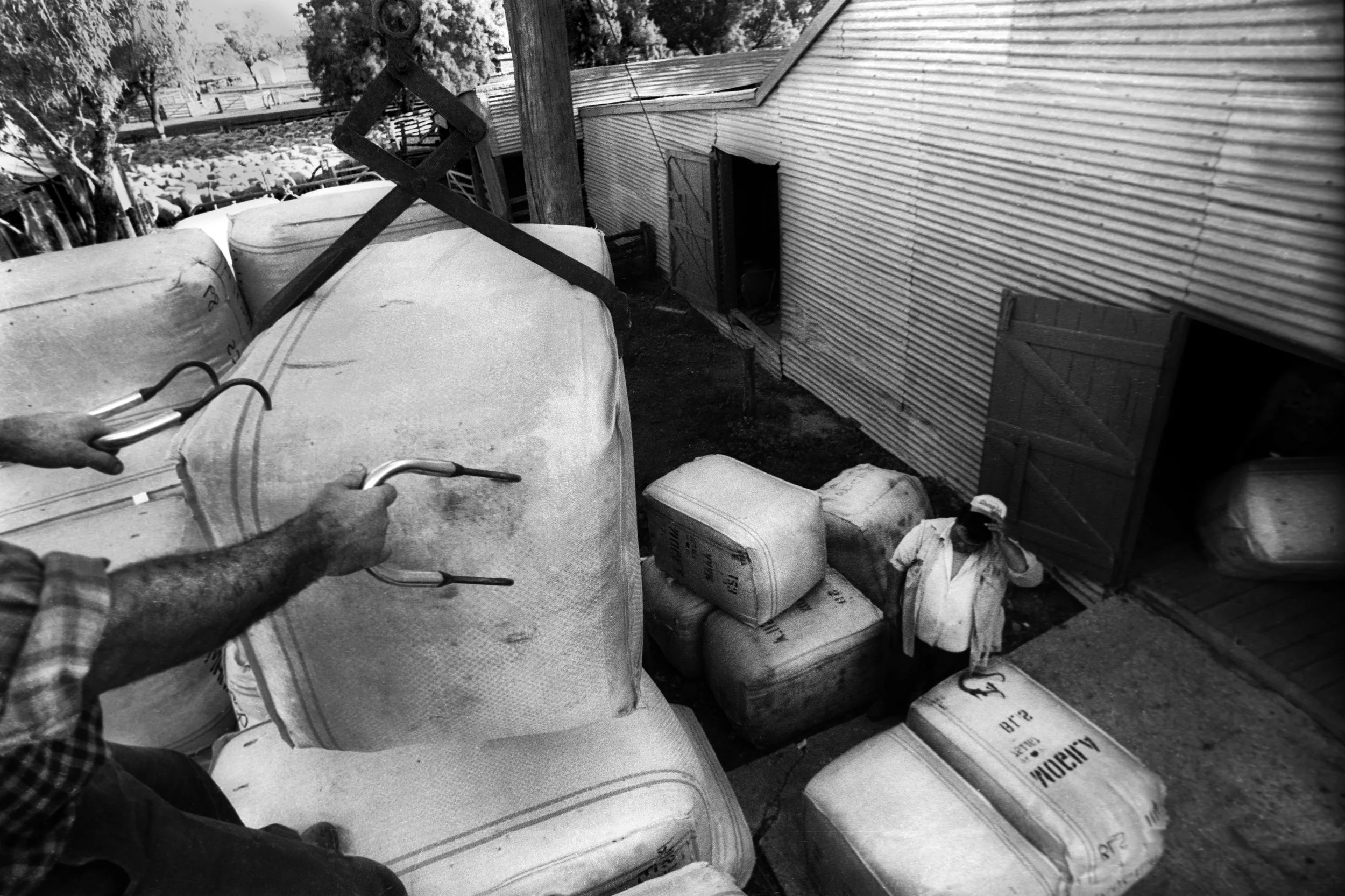 Bales of wool loaded upon a truck for initial transportation to wool storage facilities. Outback NSW, Australia. 1996