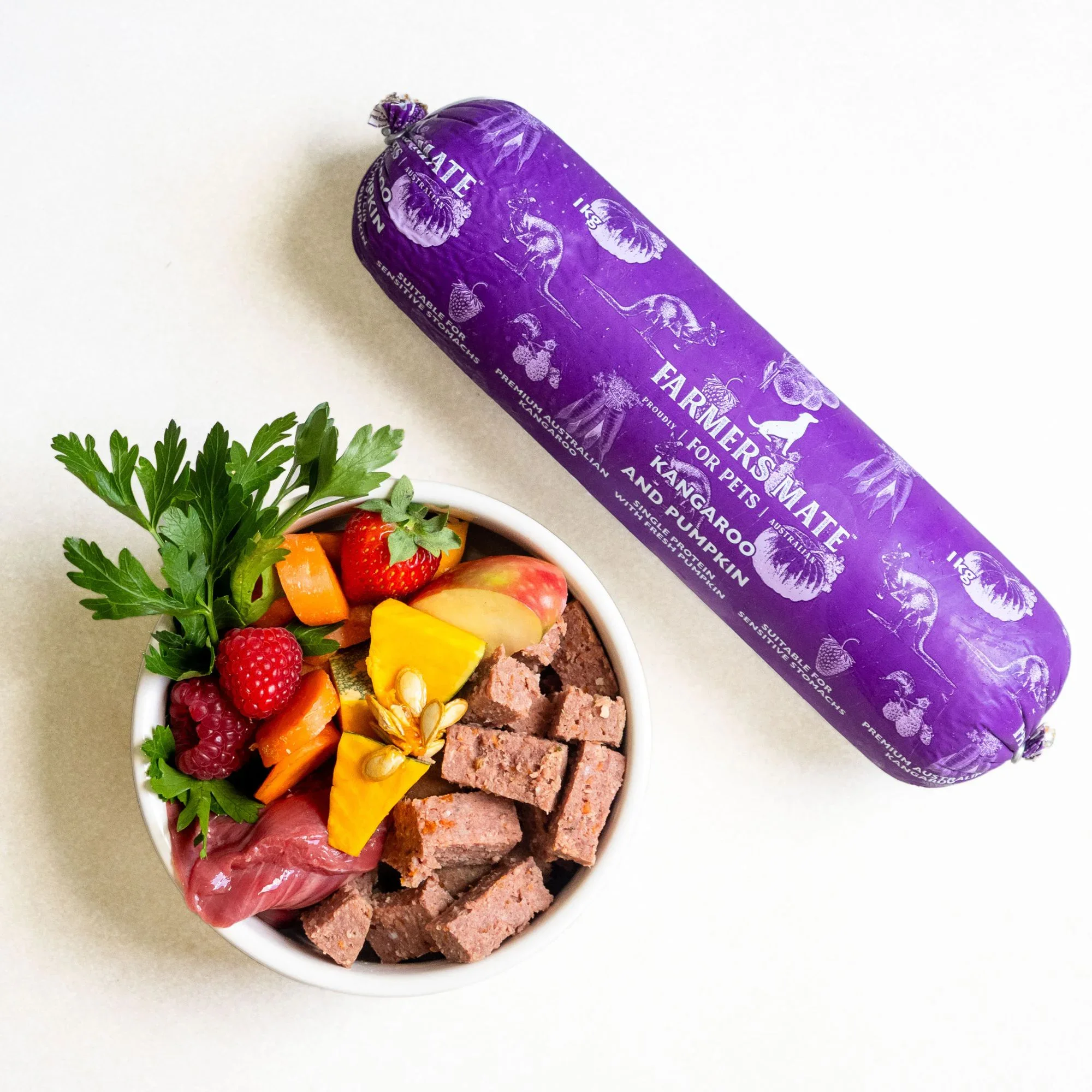 Farmers-Mate-for-Pets-Kangaroo-Roll-ingredients-bowl-2000x2000-1.jpg.webp