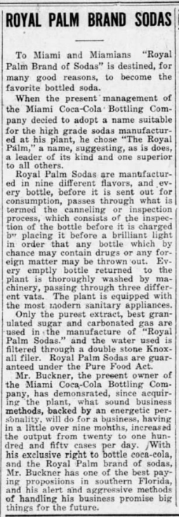 1912 Miami Herald article mention the release of Royal Palm Soda