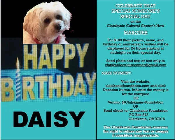 Marquee Rental Information with a Happy Birthday theme.
