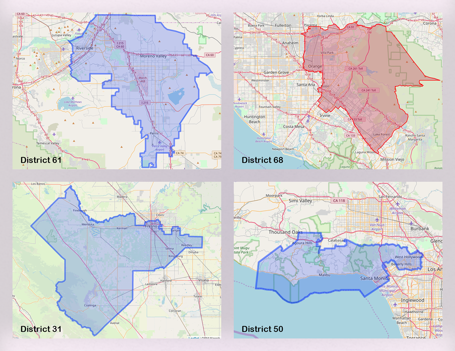 District 61 - Jose Medina - (916) 319-2061 District 31 - Dr. Joaquin Arambula - (916) 319-2031 District 50 - Richard Bloom - (916) 319-2050 (The district 68 rep is already voting no)