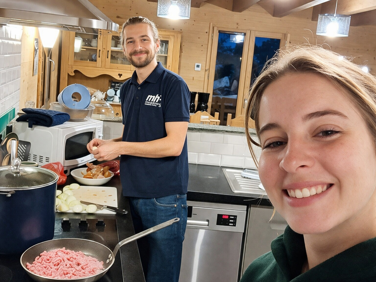 Chalet couple prepareing dinner for the evening service.