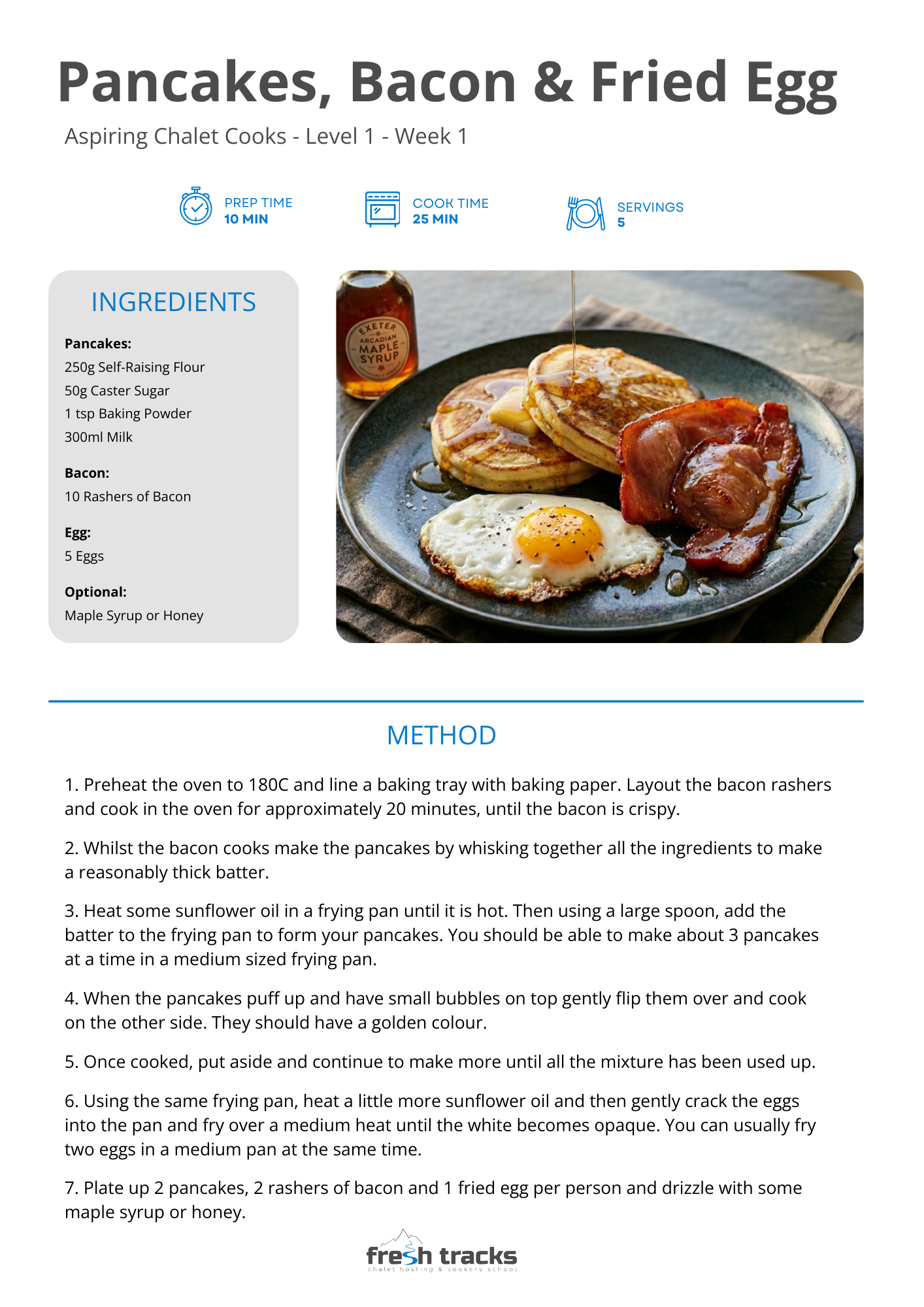 Plate with pancakes, fried egg, bacon, syrup, and honey