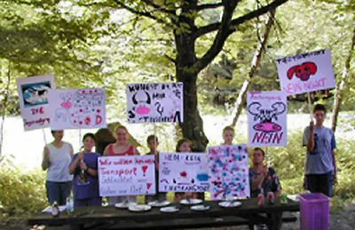 Jugendgruppe mit selbst gestalteten Plakaten für eine Demo