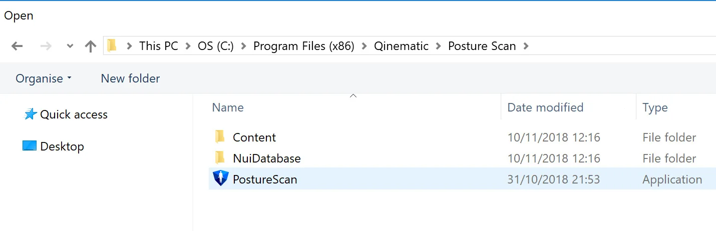 The default file path for PostureScan.exe is: C:/Program Files (x86)/Qinematic/Posture Scan/
