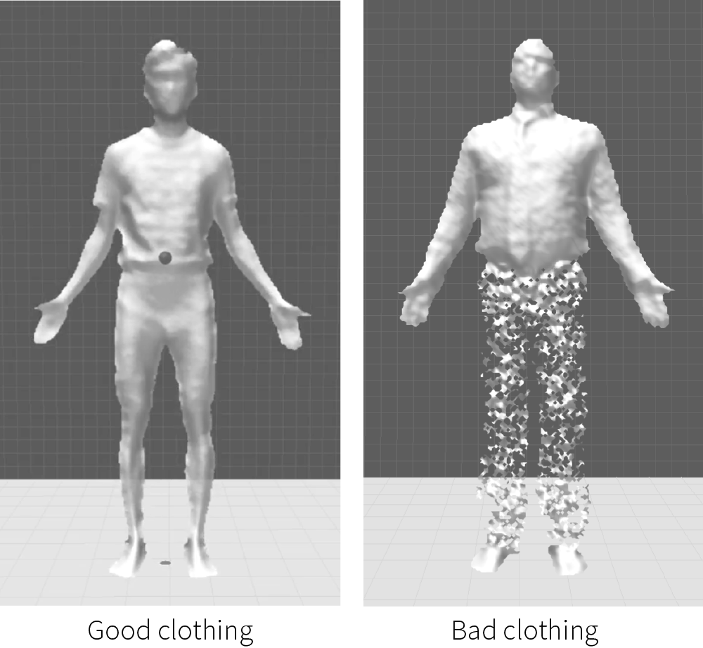 Left picture: Example of good clothing (tight and short underwear and a t-shirt). Right picture: Example of bad clothing (pants with reflective tissue, cuffs are not rolled up, tie is still hanging open).