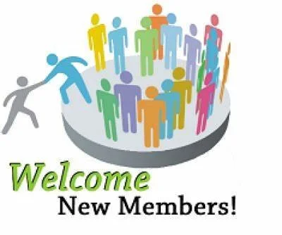 Illustration of diverse colorful people gathered on a circular platform with a person helping another climb, with text "Welcome New Members!"