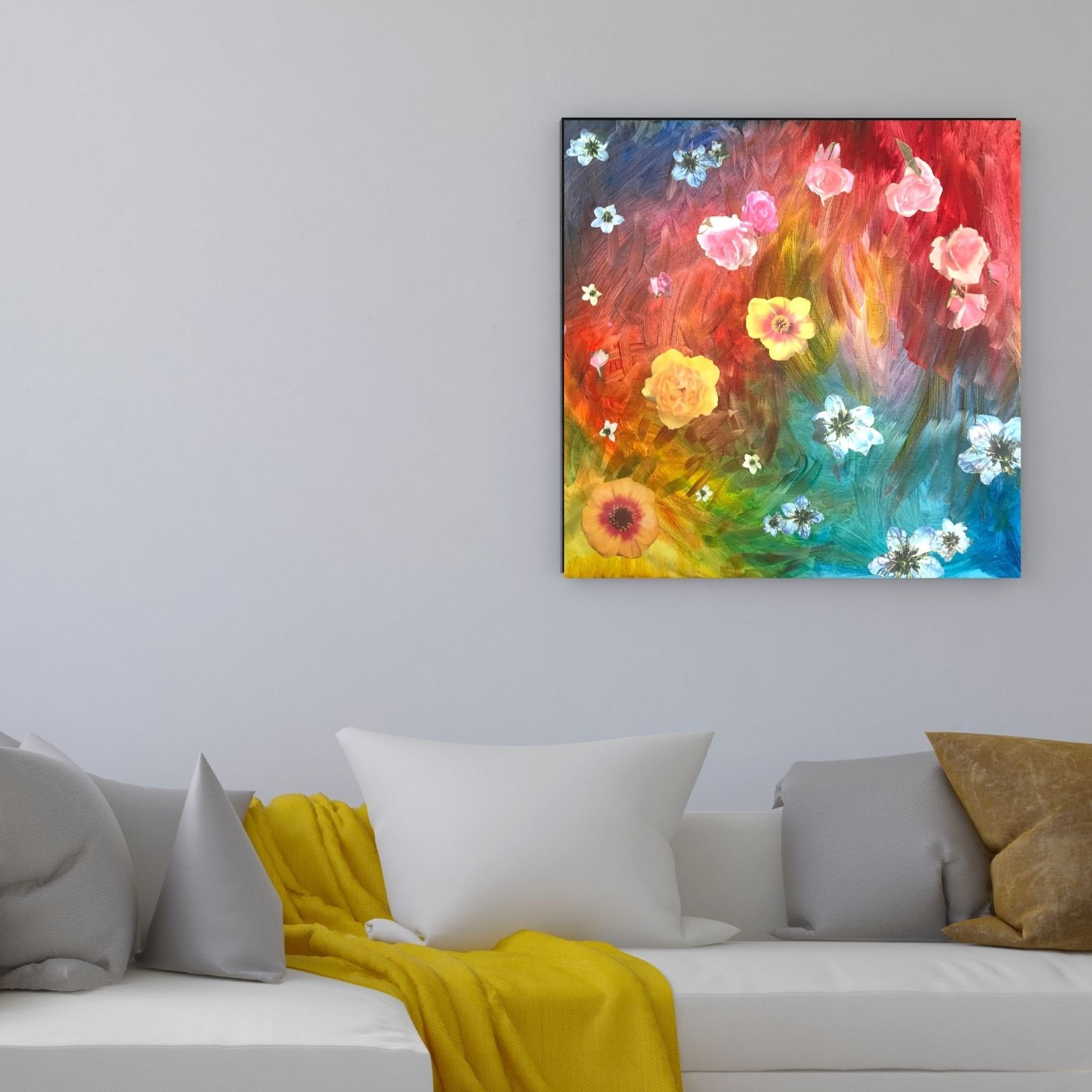 room mock up of brightly coloured square abstract painting with flower collage