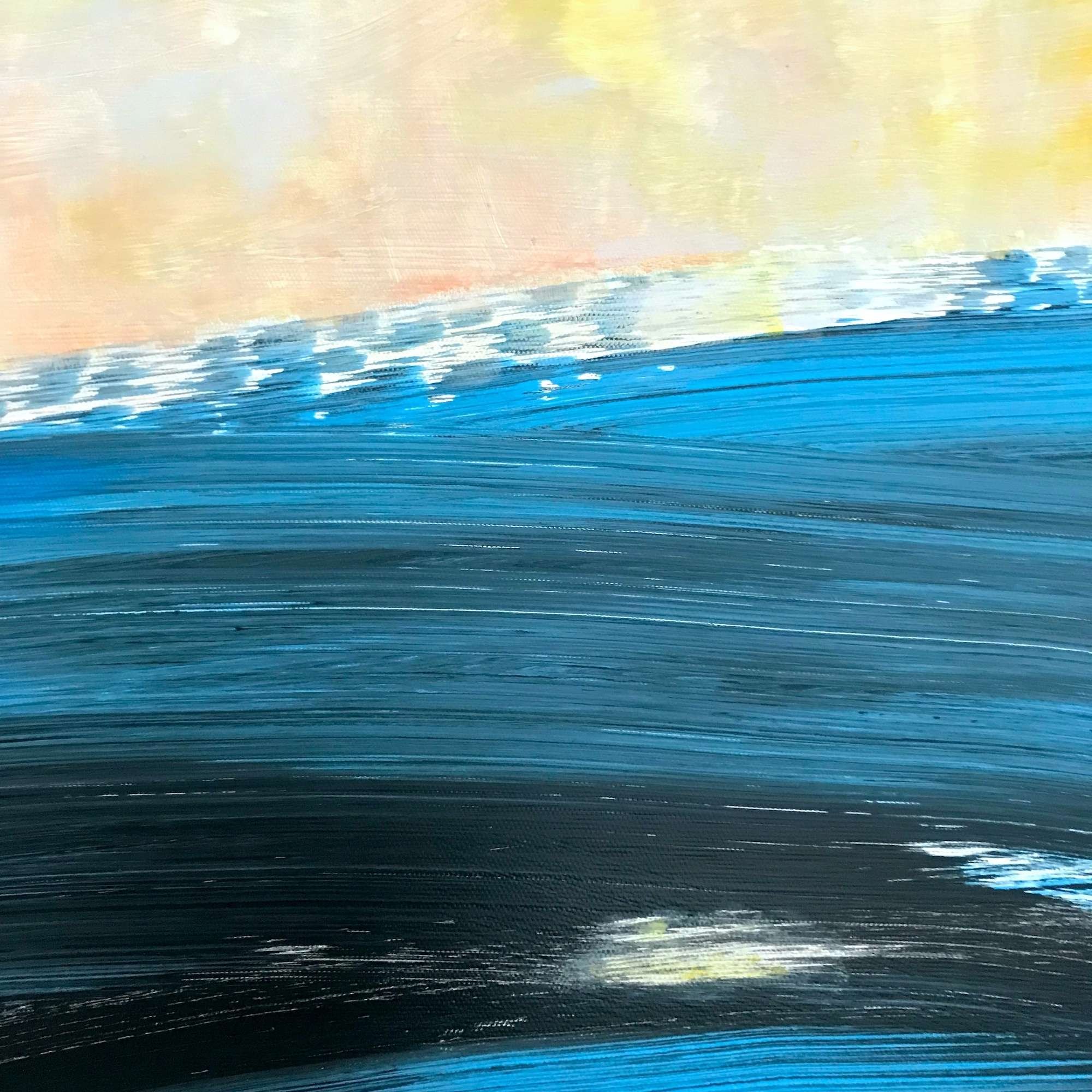 detail of abstract painting in blue and ochre with gold leaf
