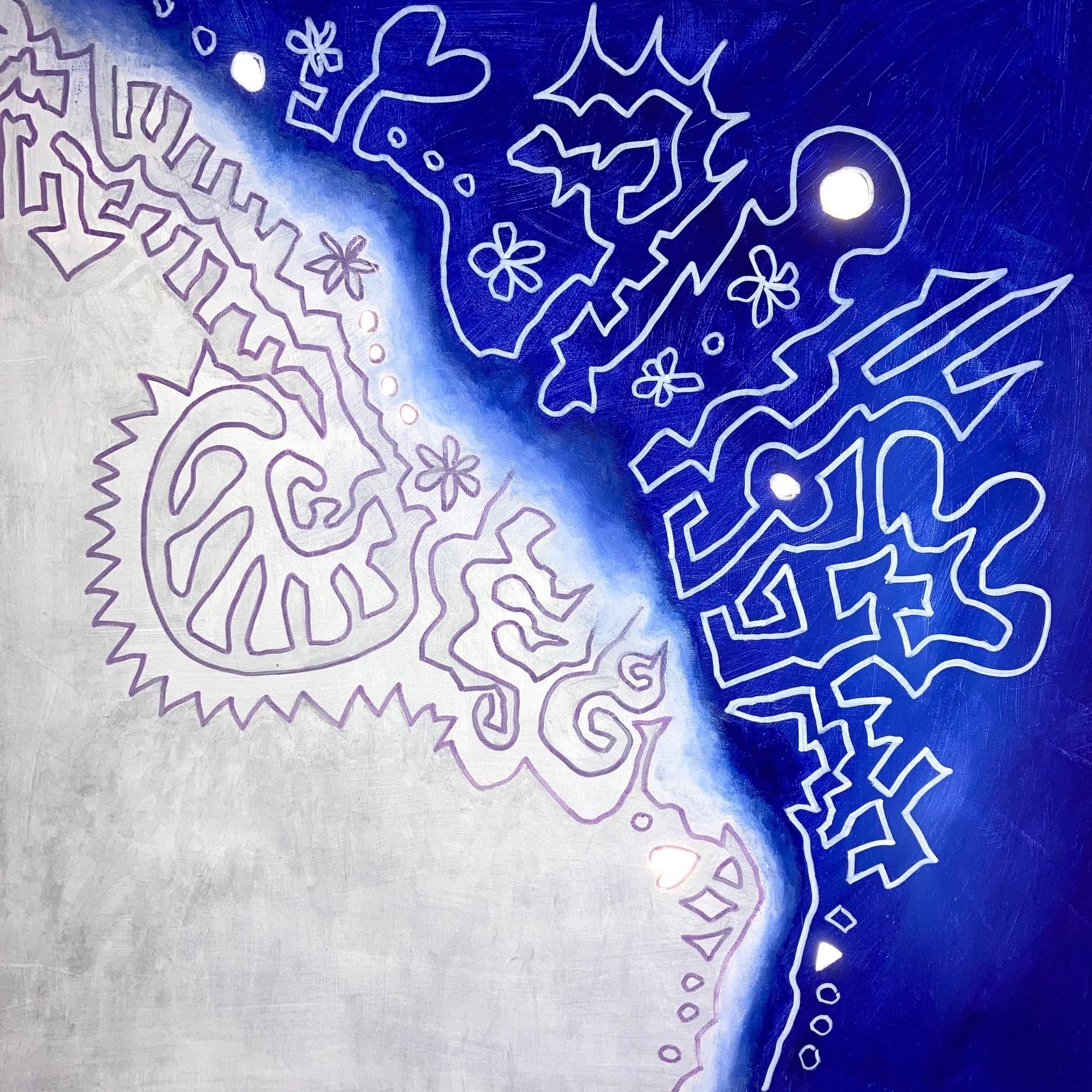 Deep indigo and pale silver on a deep edged recycled canvas measuring 60 &times; 60 &times; 5 cm. Geometric patterns are highlighted with reflective material which glows when viewed at certain angles. sophiehannahwalker.com/gallery