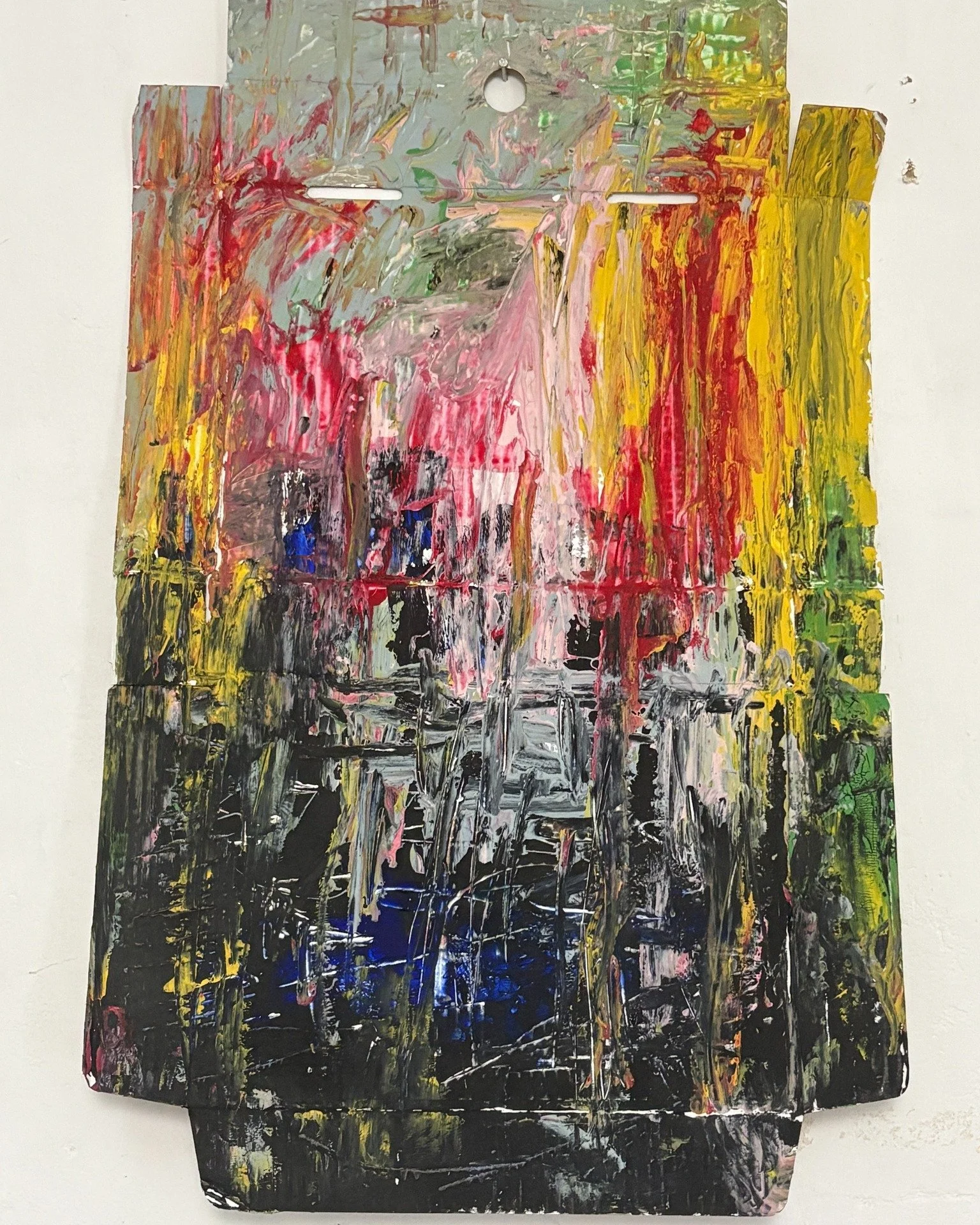 Painting on packaging, this is the result of one of my therapeutic art activities from my Creativity for Life Substack. More details on this in the next post. I'm demonstrating that to take part in creative activities for your wellbeing you don't nee