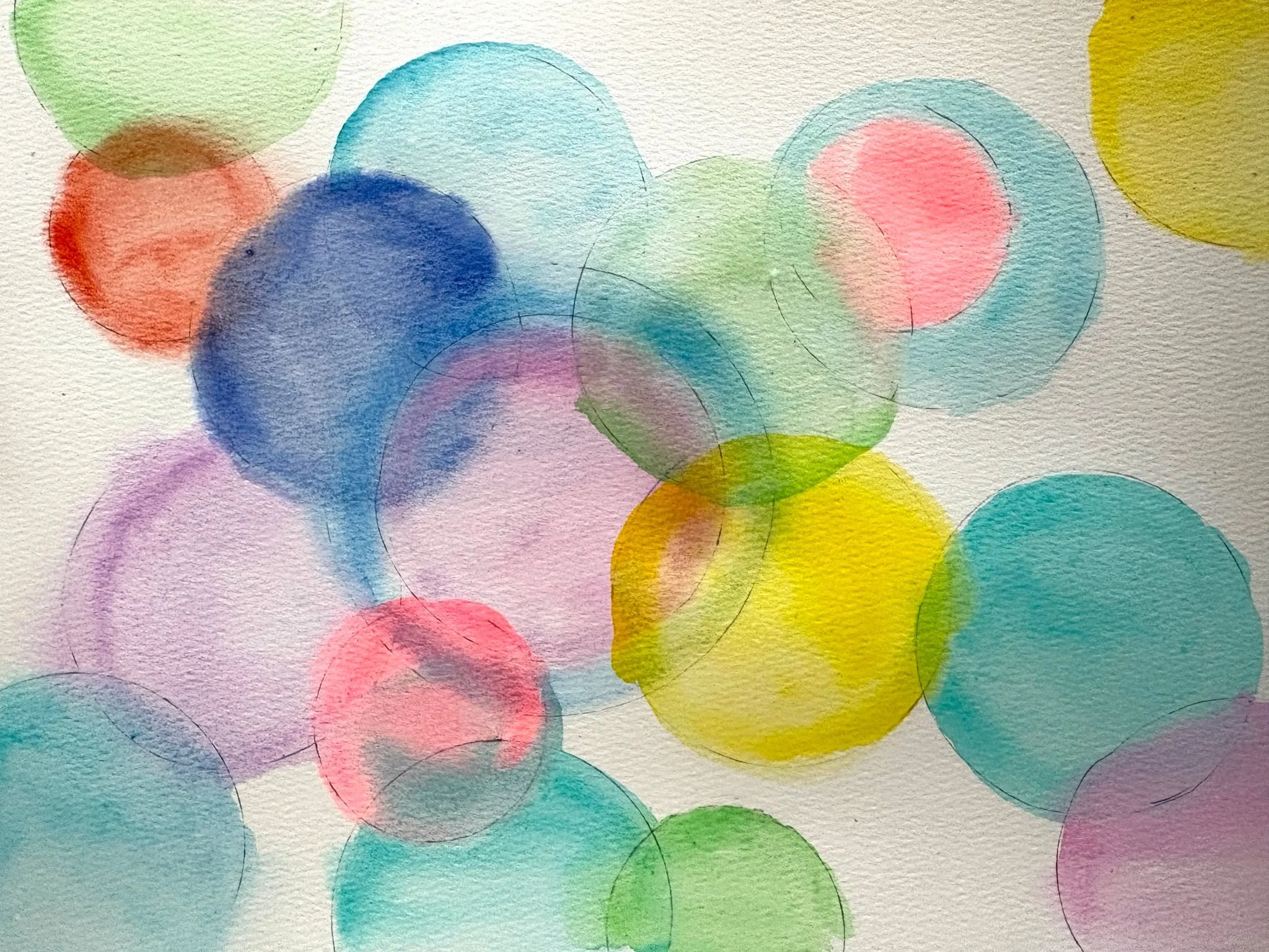 This is my result from the therapeutic art activity from my Creativity for Life Substack a couple of weeks ago.  The activity was to choose a shape and repeat it on a page. I went with circles on watercolour paper. I'm loving the imperfection. I didn