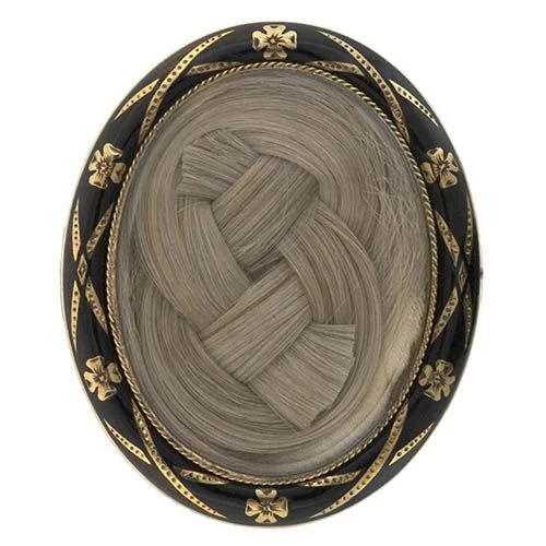 Brooch - Gold, black enamel, braided hair. 