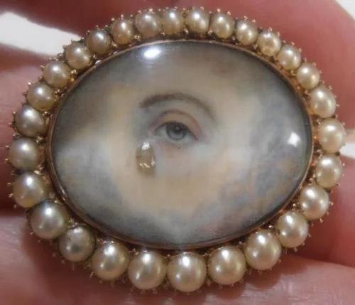 Brooch - painted eye, gold, diamond (tear drop) and pearls. 