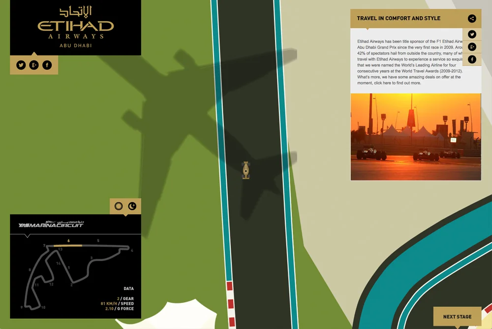 Etihad aeroplane shadows zoom across the screen as you navigate the circuit.