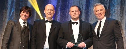 Left to right: Steve Walls (GBCA Host and compère), Professor Martin Green OBE (Chief Executive, Care England), Shaun Hills, Martin Kemp (musician and actor)