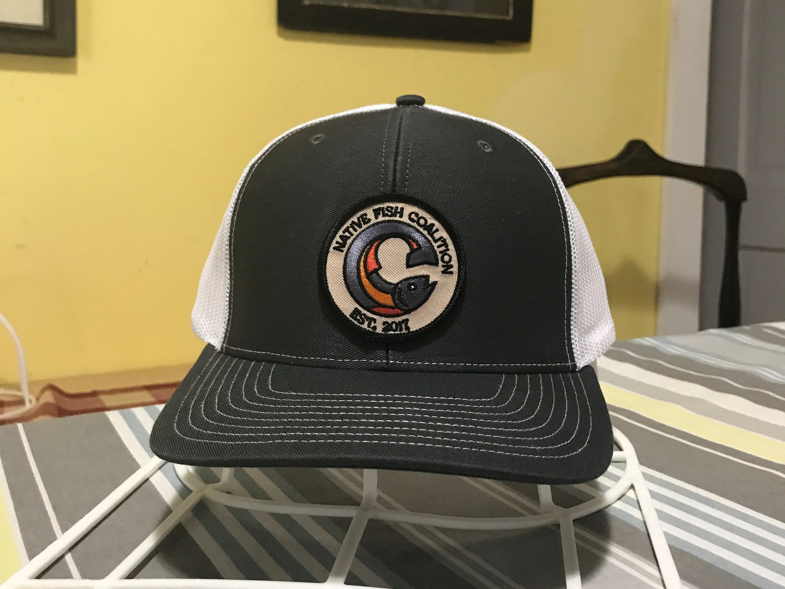 Above and Below: Grey and White NFC Trucker Hat Prototype