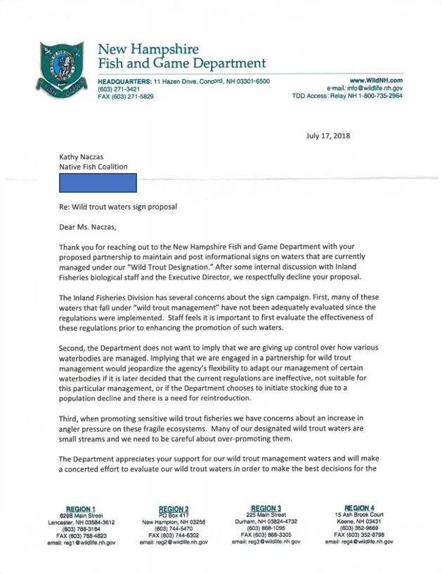 NH Fish and Game Letter: NFC/TU Request to Post WTM Informational Signs Denied 