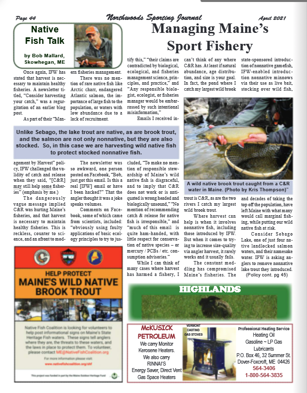 NFC Executive Director Bob Mallard on Angler Harvest to Improve Size-Quality (Northwoods Sporting Journal)
