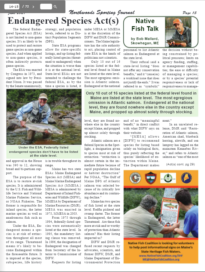 NFC Executive Director Bob Mallard Chimes in on Endangered Species Acts (Northwoods Sporting Journal)