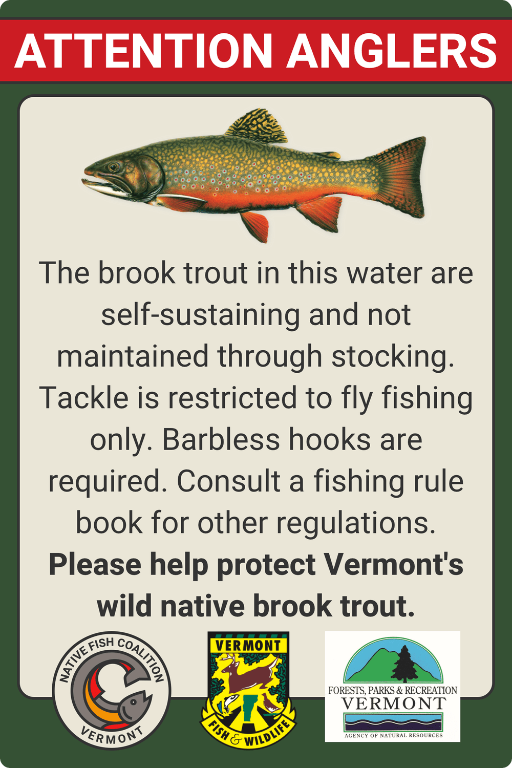 Vermont Fly Fishing Only Sign — Native Fish Coalition