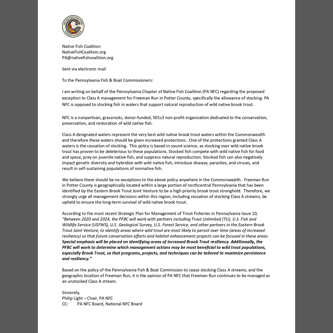 PA NFC Opposes Proposed Stocking on Class-A Stream