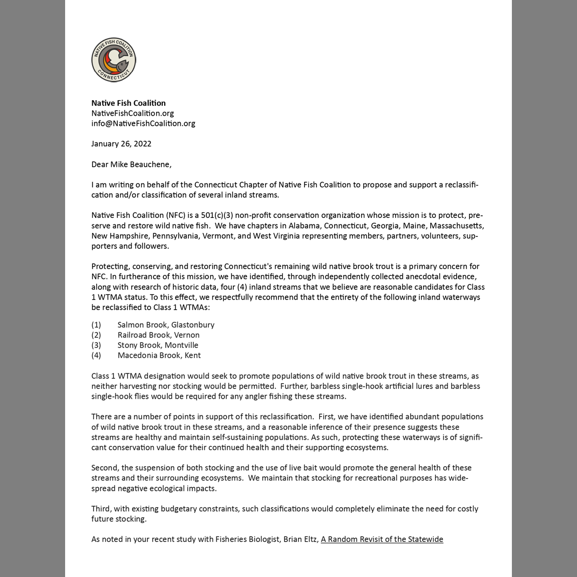 CT NFC Chimes in on Proposed Stream Reclassifications