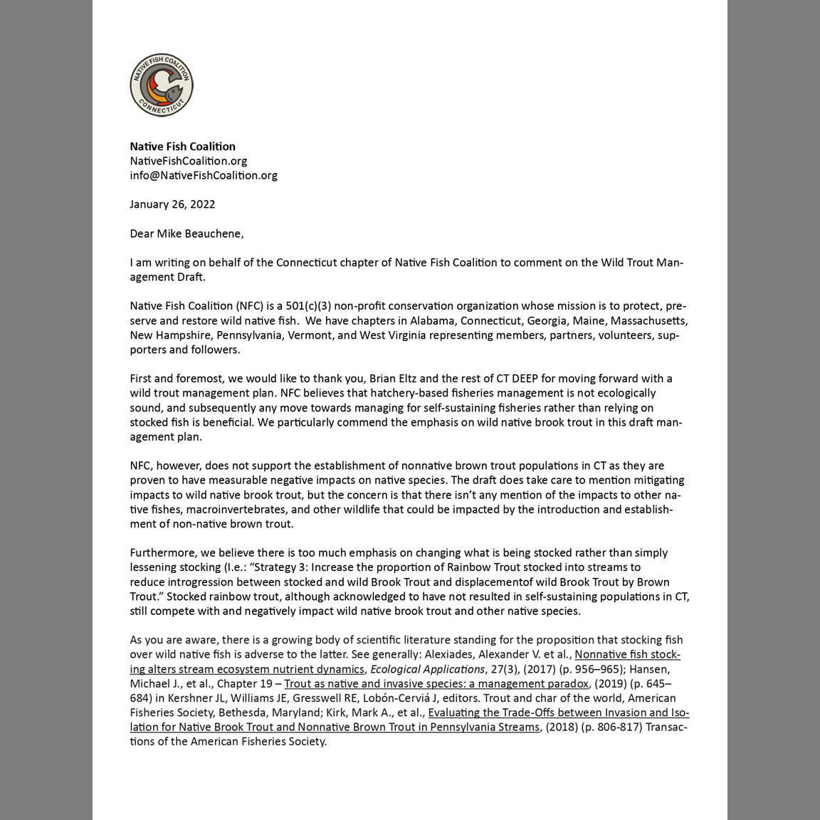 CT NFC Submits Letter in Regard to Proposed Wild Trout Management Program