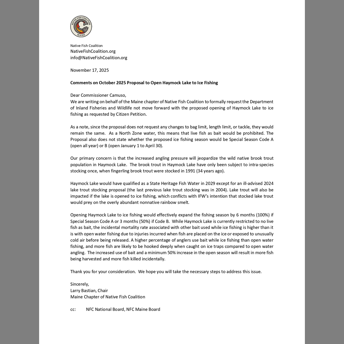 Maine NFC Chimes in on Haymock Lake Ice Fishing Proposal...