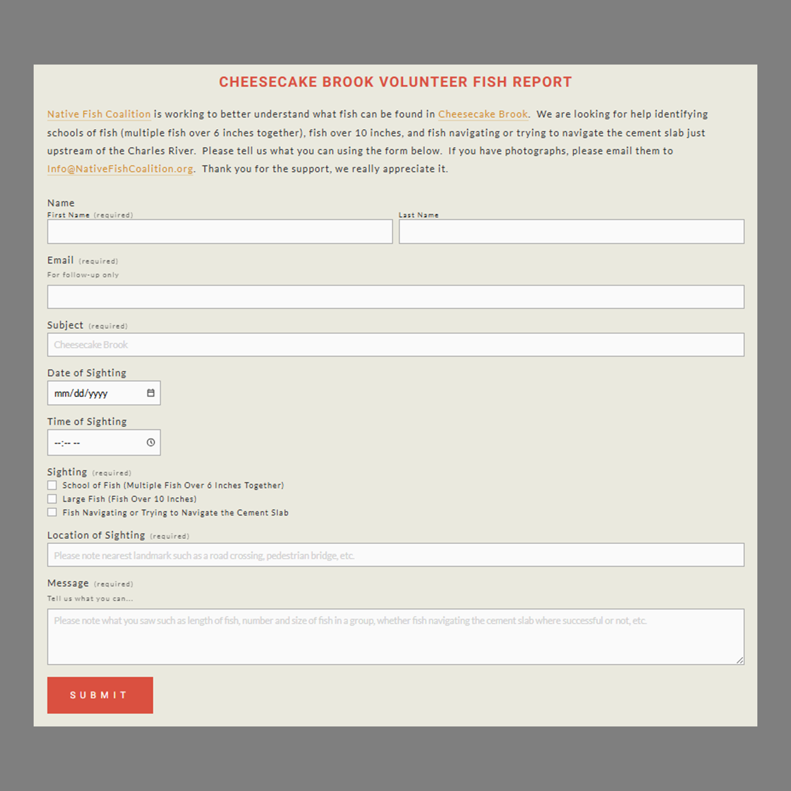 Cheesecake Brook Volunteer Fish Report