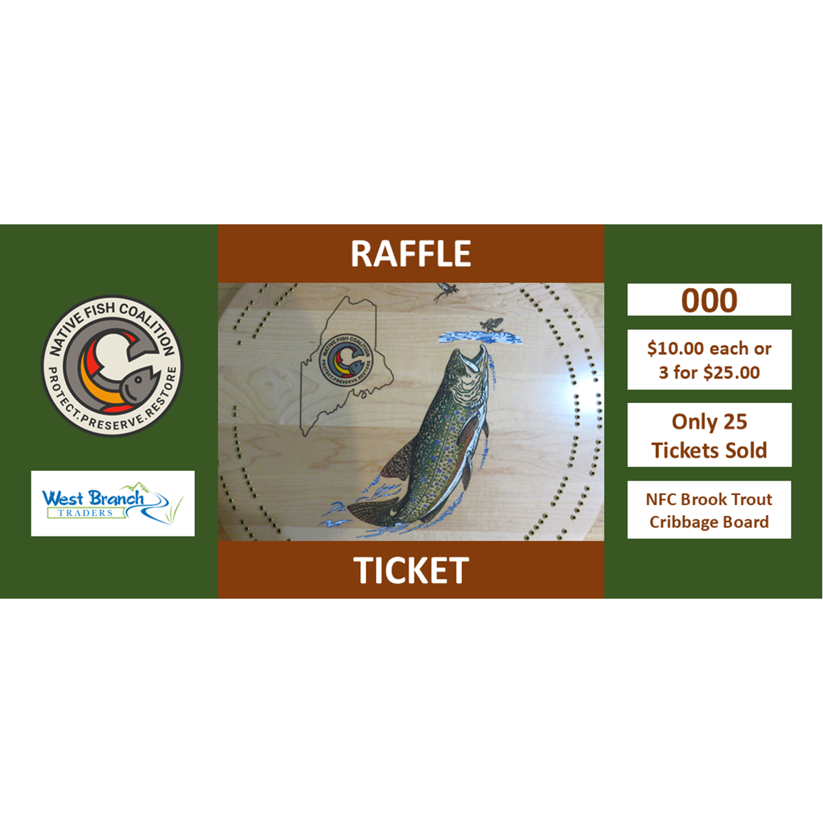 Raffle Ticket: NFC Brook Trout Cribbage Board...