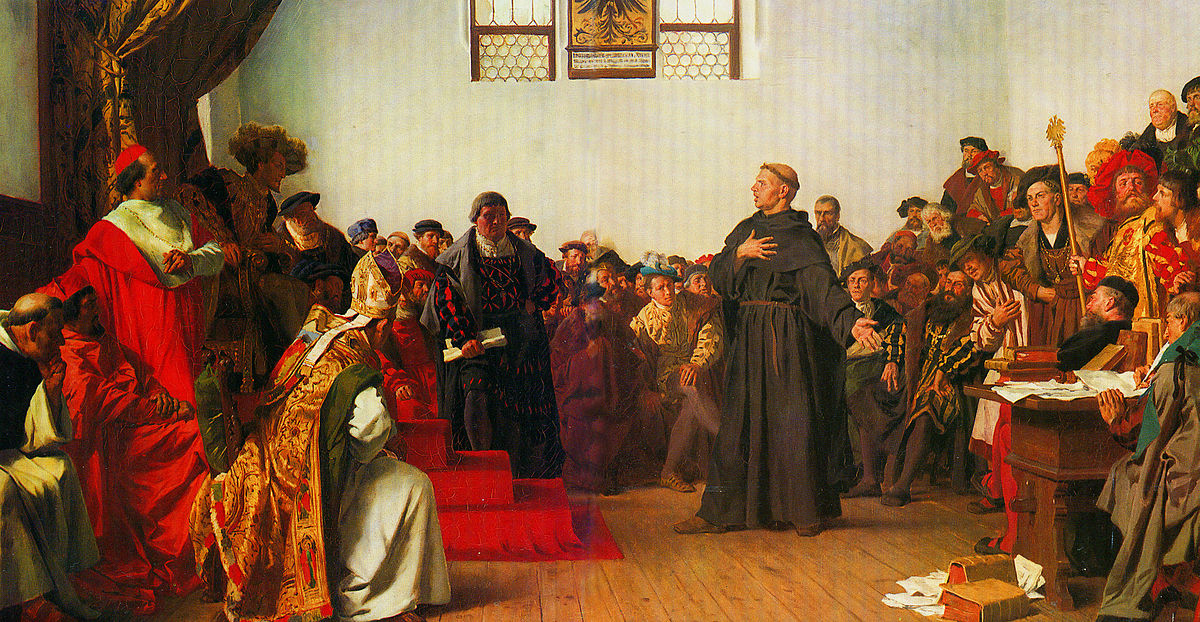 Martin Luther standing before the Holy Roman Emperor, Charles V, at the Diet of Worms, 1521