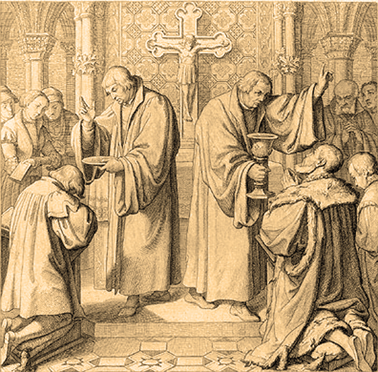 Luther, administers The Lord's Supper serving both the bread and the wine.