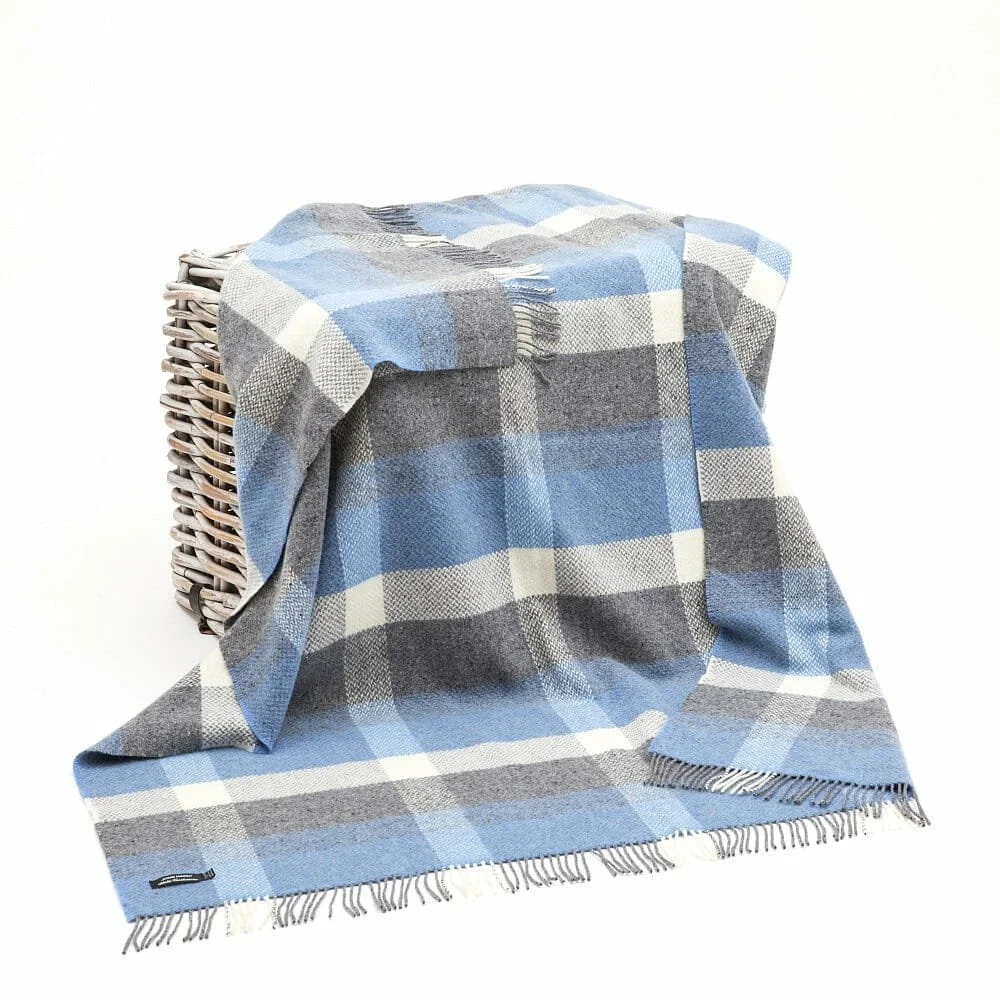 Cashmere Throw Denim Cream Pale Grey Check — Brocante Ltd