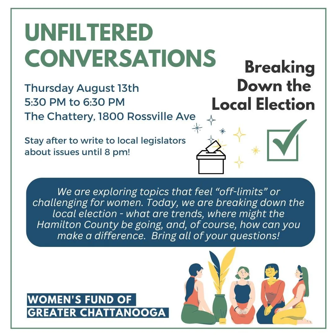 Join us for our next Unfiltered Conversation this week at 5:30 pm. We will have light snacks and drinks and discuss the recent local election from last week: 

📈what are trends
🗳 where might Hamilton County be going, and 
💪how can you make a diffe