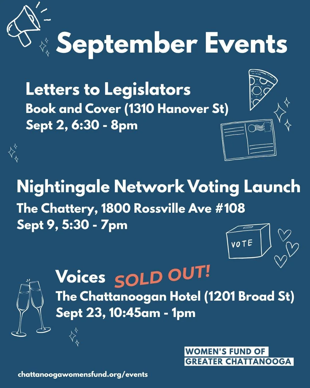 We have great events in September! 

9/2, 6:30-8pm- Head on over to the Book &amp; Cover for PostScript Pizza to write to your legislators. RSVP at the link in bio.

9/9 - 5:30-7pm - Our biggest Nightingale Network social hour of the year! Hear from 
