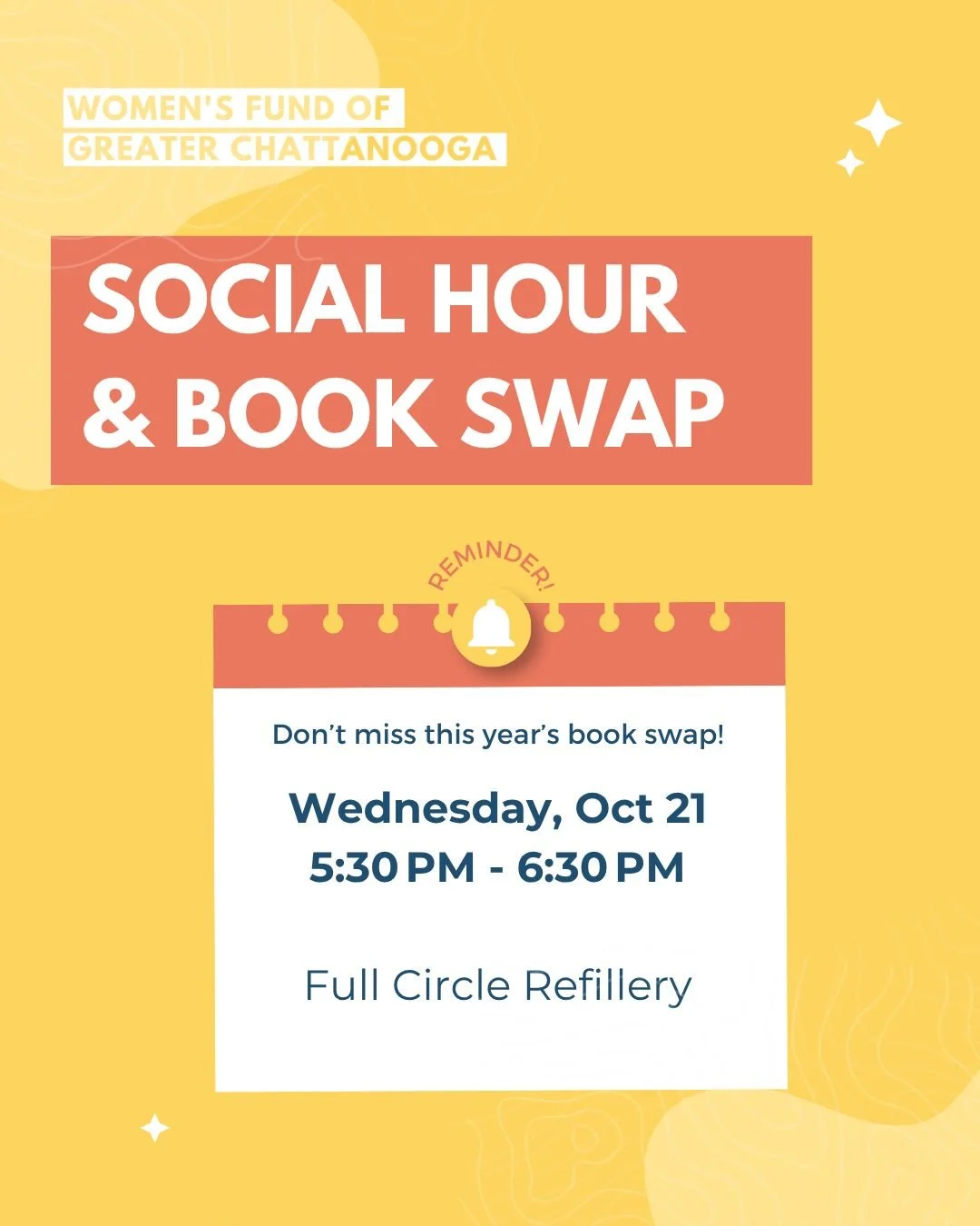 Don't forget - our final social hour of 2026 is happening this week!

Join us at Full Circle Refillery (2312 E. Main St.) on Wednesday, Oct 21 from 5:30&ndash;6:30 p.m. as we celebrate the end of another successful grant cycle.

Have a book you'd lik