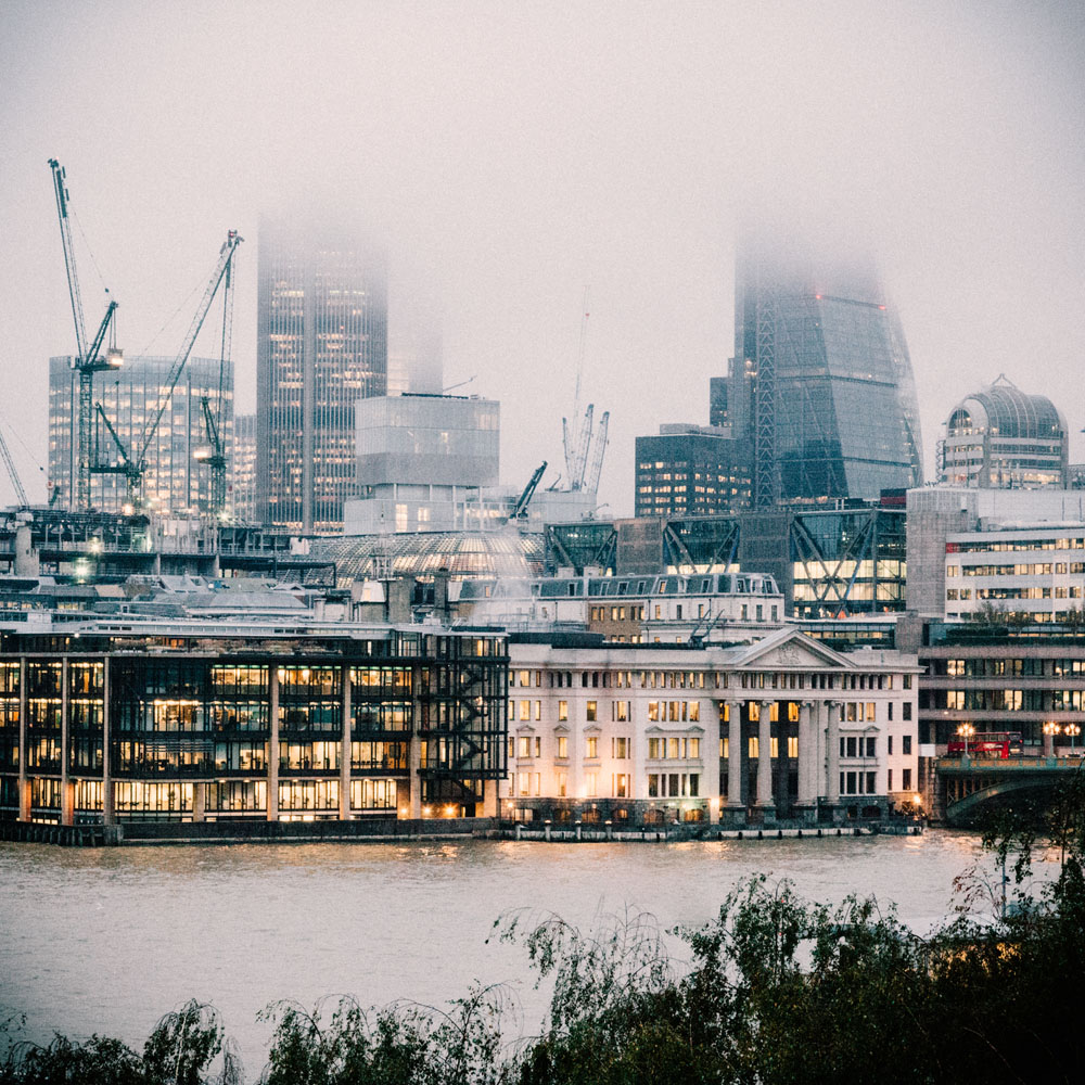 Canary Wharf under fog, London UK