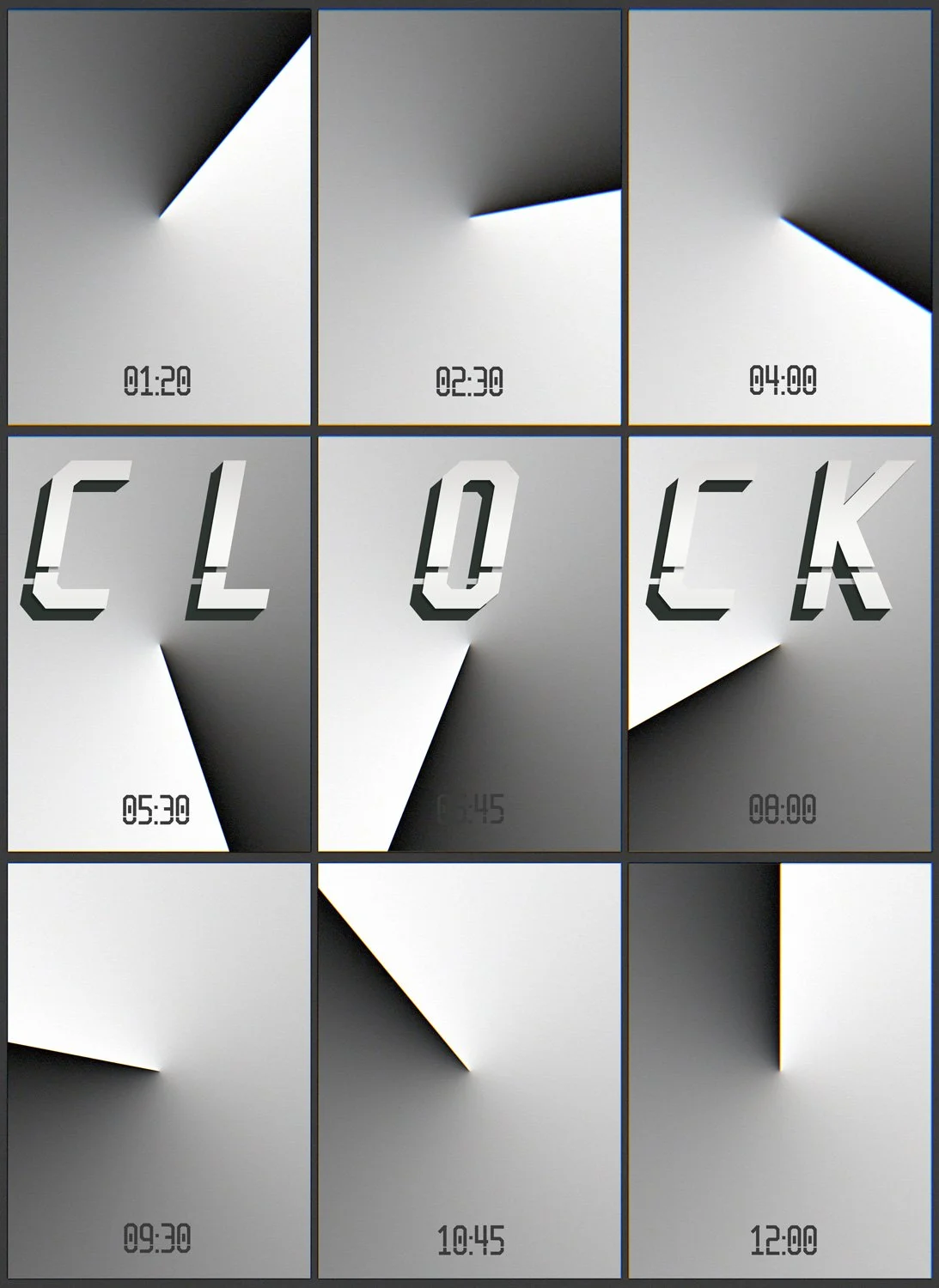 Nine-panel grey clock poster with the word CLOCK and times set in Blader Font