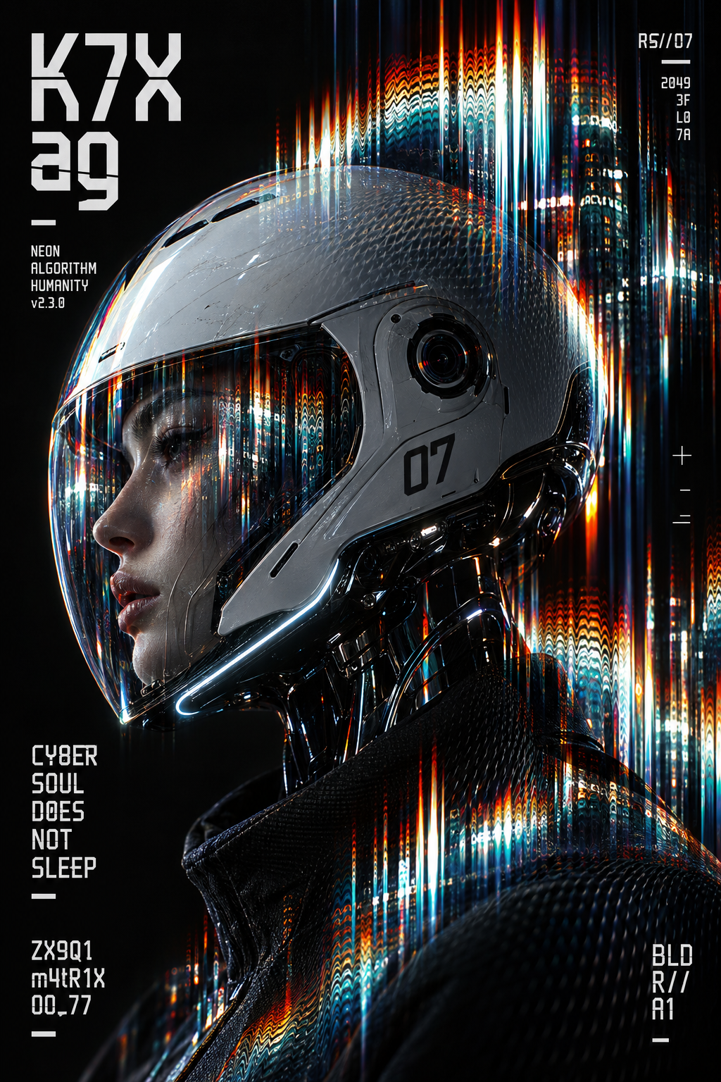 Futuristic helmet poster with neon light streaks and large K7X lettering in Blader Font