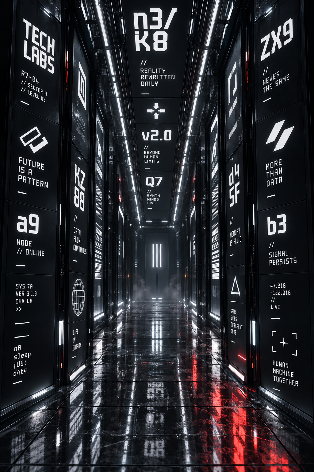Dark futuristic corridor lined with glowing data panels, with labels, codes and short phrases set in Blader Font