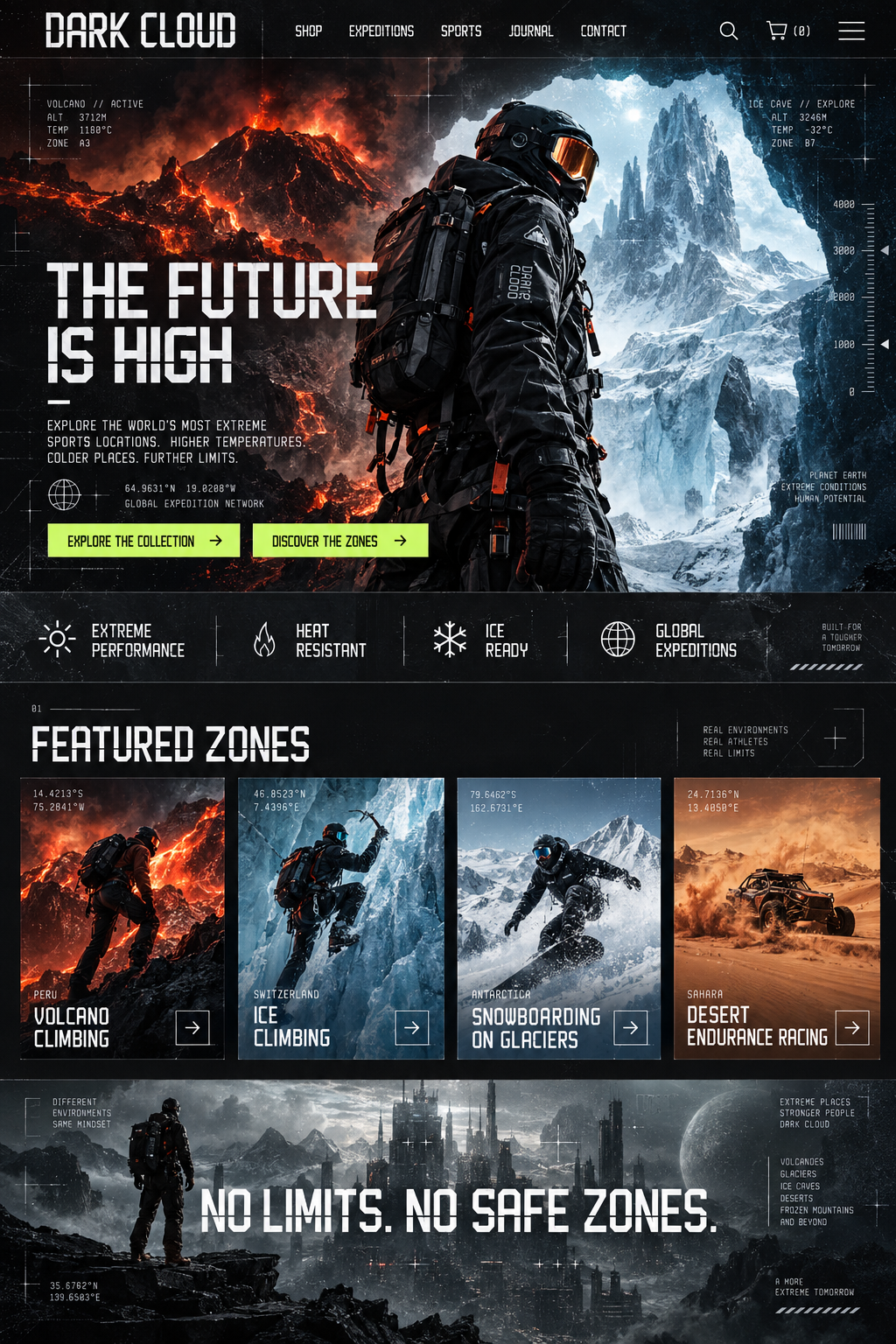 Extreme sports website design for a fictional brand called Dark Cloud, with headlines "The Future Is High" and "No Limits. No Safe Zones." set in Blader Font