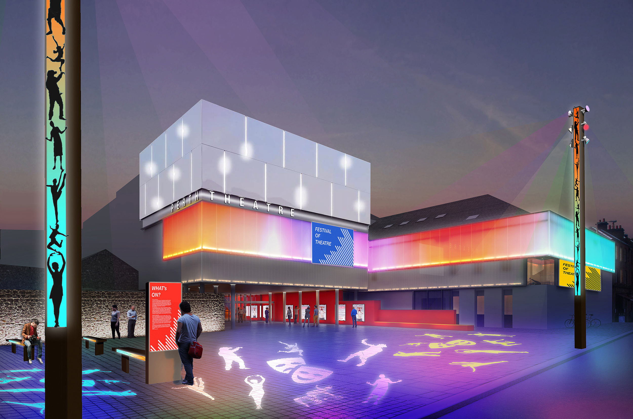 The columns can coordinate with feature buildings such as Perth Theatre with the vertical colour-change LEDs on the columns mirroring the Theatre's colourful light washes. Projections and column decoration can be tailored to suit the nature of the space, creating a real fanfare welcome for visitors. 