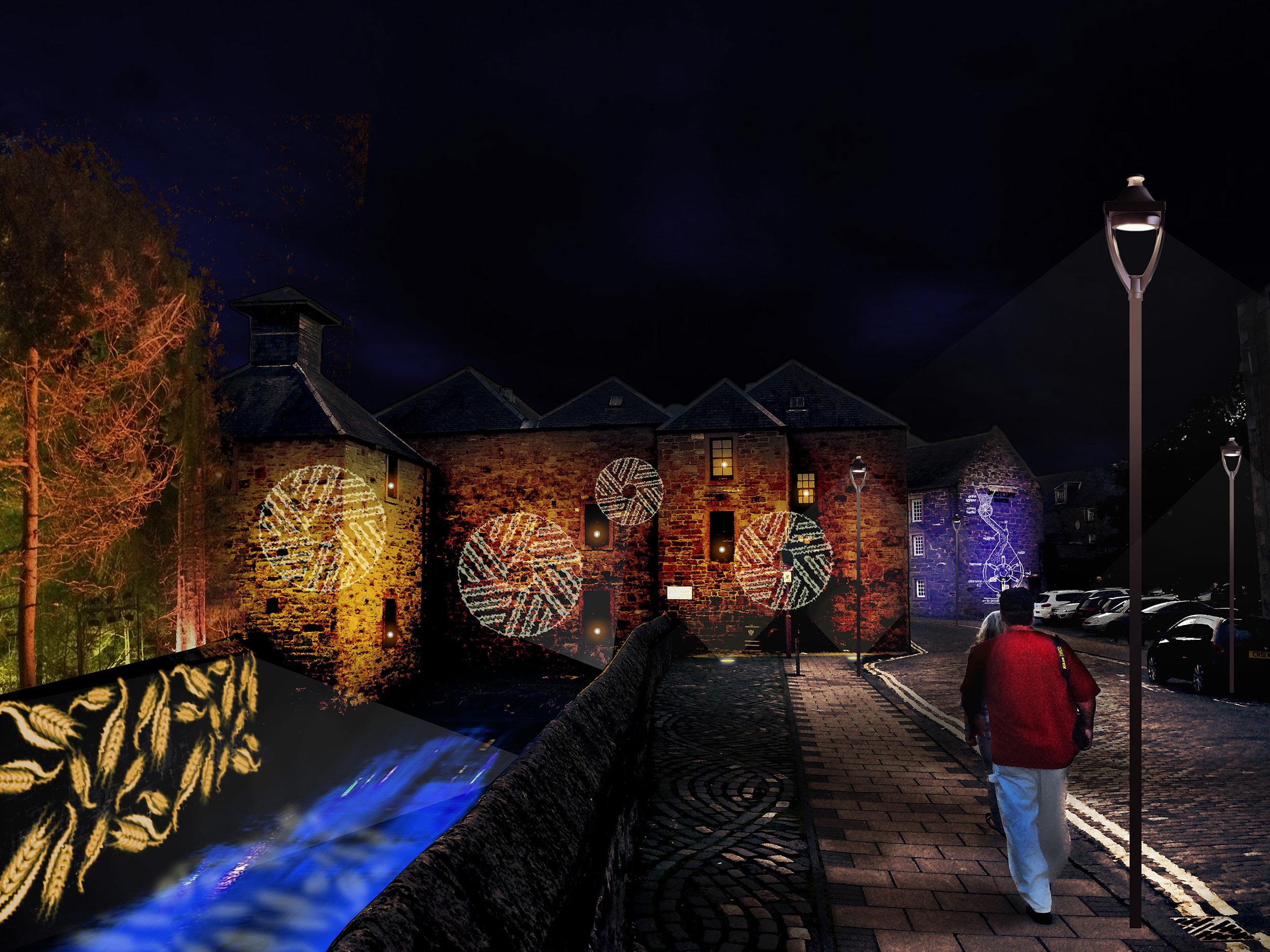 Traditional lanterns combined with illumination of the Lade, and milling-themed projections on the Lower City Mills buildings bring this unique part of the city to life after dark.